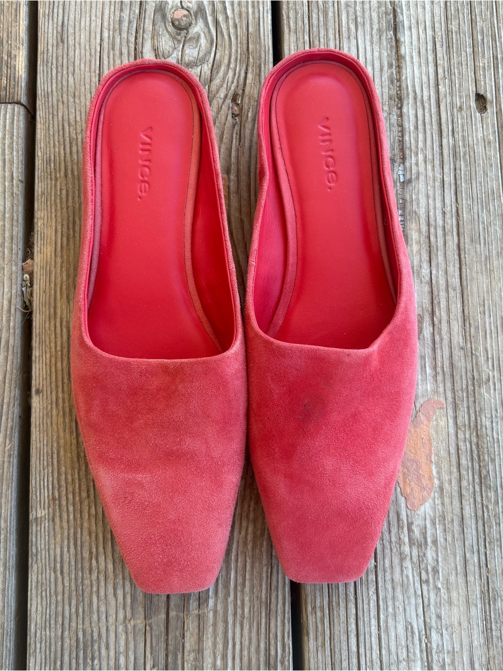 Vince Valentina Coral-Red Suede Square-Toe Slip-On Mules